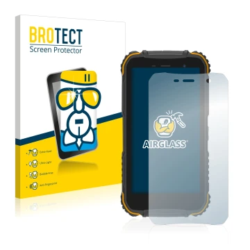 Face avant d’un emballage produit avec le logo de la marque BROTECT. À côté, l’appareil Doogee S35 est représenté avec la prot