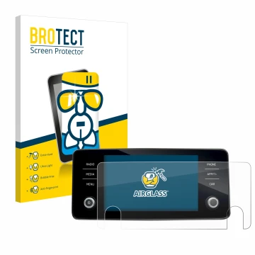 Face avant d’un emballage produit avec le logo de la marque BROTECT. À côté, l’appareil Skoda Bolero 2020 Infotainment System 