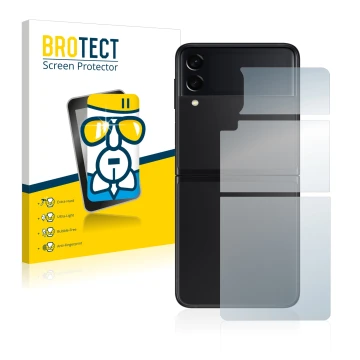 Face avant d’un emballage produit avec le logo de la marque BROTECT. À côté, l’appareil Samsung Galaxy Z Flip 3 5G (Arrière) e