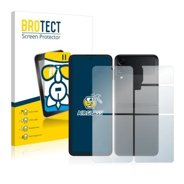 Face avant d’un emballage produit avec le logo de la marque BROTECT. À côté, l’appareil Samsung Galaxy Z Flip 3 5G (Avant+Arri