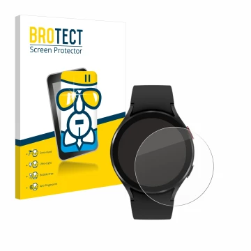 Face avant d’un emballage produit avec le logo de la marque BROTECT. À côté, l’appareil Samsung Galaxy Watch 4 (44mm) est repr
