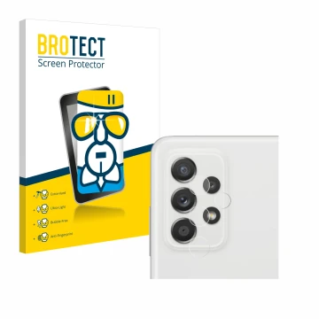 Face avant d’un emballage produit avec le logo de la marque BROTECT. À côté, l’appareil Samsung Galaxy A52s 5G (Caméra UNIQUEM