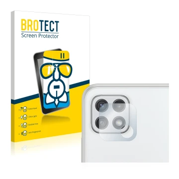 Face avant d’un emballage produit avec le logo de la marque BROTECT. À côté, l’appareil Samsung Galaxy A22 5G (Caméra UNIQUEME