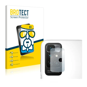 Face avant d’un emballage produit avec le logo de la marque BROTECT. À côté, l’appareil Xiaomi Redmi 10 (Caméra UNIQUEMENT) es