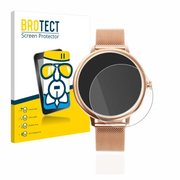 Face avant d’un emballage produit avec le logo de la marque BROTECT. À côté, l’appareil Naixues Smartwatch CF80 1.08
