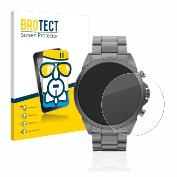 Face avant d’un emballage produit avec le logo de la marque BROTECT. À côté, l’appareil Fossil Gen 6 (44mm) est représenté ave