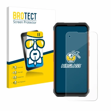 Face avant d’un emballage produit avec le logo de la marque BROTECT. À côté, l’appareil Doogee V10 est représenté avec la prot
