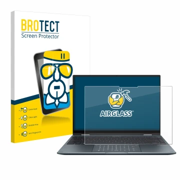 Face avant d’un emballage produit avec le logo de la marque BROTECT. À côté, l’appareil ASUS ZenBook 14 Flip OLED est représen