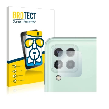 Face avant d’un emballage produit avec le logo de la marque BROTECT. À côté, l’appareil Samsung Galaxy A22 4G (Caméra UNIQUEME