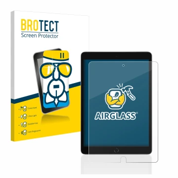 Face avant d’un emballage produit avec le logo de la marque BROTECT. À côté, l’appareil Apple iPad 10.2