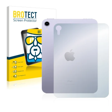 Face avant d’un emballage produit avec le logo de la marque BROTECT. À côté, l’appareil Apple iPad Mini 6 WiFi 2021 (6ème gén,