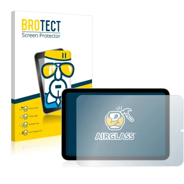 Face avant d’un emballage produit avec le logo de la marque BROTECT. À côté, l’appareil Apple iPad Mini 6 2021 (en paysage, 6e