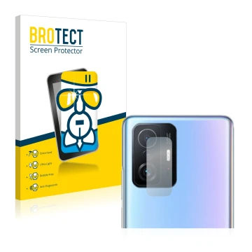 Face avant d’un emballage produit avec le logo de la marque BROTECT. À côté, l’appareil Xiaomi 11T Pro (Caméra UNIQUEMENT) est