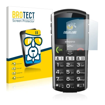 Face avant d’un emballage produit avec le logo de la marque BROTECT. À côté, l’appareil Emporia Simplicity est représenté avec