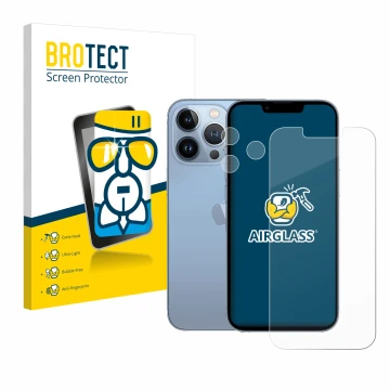 Face avant d’un emballage produit avec le logo de la marque BROTECT. À côté, l’appareil Apple iPhone 13 Pro (Avant+Caméra) est