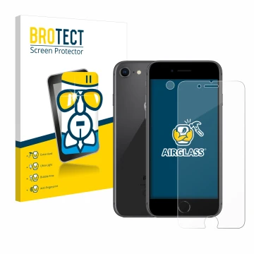 Face avant d’un emballage produit avec le logo de la marque BROTECT. À côté, l’appareil Apple iPhone 8 (Avant+Caméra) est repr