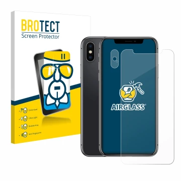 Face avant d’un emballage produit avec le logo de la marque BROTECT. À côté, l’appareil Apple iPhone X (Avant+Caméra) est repr
