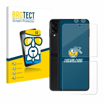 Face avant d’un emballage produit avec le logo de la marque BROTECT. À côté, l’appareil Samsung Galaxy Z Flip 3 5G (Avant+Camé