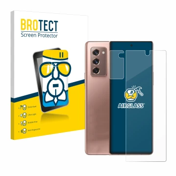 Face avant d’un emballage produit avec le logo de la marque BROTECT. À côté, l’appareil Samsung Galaxy Z Fold 2 5G (Avant+Camé