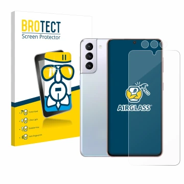 Face avant d’un emballage produit avec le logo de la marque BROTECT. À côté, l’appareil Samsung Galaxy S21 (Avant+Caméra) est 