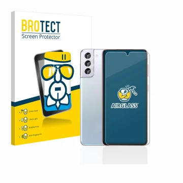 Face avant d’un emballage produit avec le logo de la marque BROTECT. À côté, l’appareil Samsung Galaxy S21 5G (Avant+Caméra) e