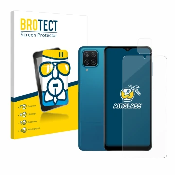 Face avant d’un emballage produit avec le logo de la marque BROTECT. À côté, l’appareil Samsung Galaxy A12 (Avant+Caméra) est 