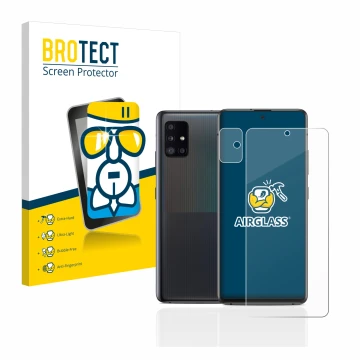 Face avant d’un emballage produit avec le logo de la marque BROTECT. À côté, l’appareil Samsung Galaxy A51 5G (Avant+Caméra) e
