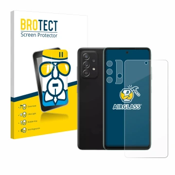 Face avant d’un emballage produit avec le logo de la marque BROTECT. À côté, l’appareil Samsung Galaxy A52 (Avant+Caméra) est 