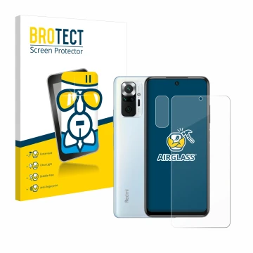 Face avant d’un emballage produit avec le logo de la marque BROTECT. À côté, l’appareil Xiaomi Redmi Note 10 Pro (Avant+Caméra