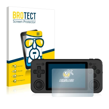 Face avant d’un emballage produit avec le logo de la marque BROTECT. À côté, l’appareil Anbernic RG351P est représenté avec la