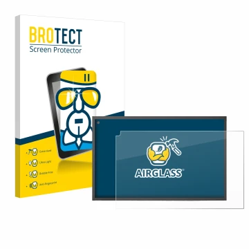 Face avant d’un emballage produit avec le logo de la marque BROTECT. À côté, l’appareil Amazon Echo Show 15 est représenté ave