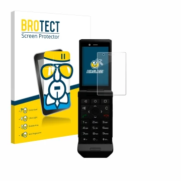 Face avant d’un emballage produit avec le logo de la marque BROTECT. À côté, l’appareil Caterpillar Cat S22 Flip est représent