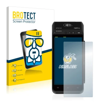 Face avant d’un emballage produit avec le logo de la marque BROTECT. À côté, l’appareil ingenico Apos A8 est représenté avec l