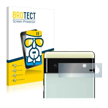 Face avant d’un emballage produit avec le logo de la marque BROTECT. À côté, l’appareil Google Pixel 6 (Caméra UNIQUEMENT) est