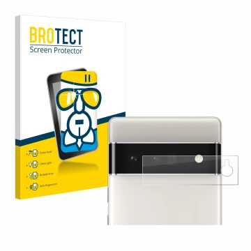 Face avant d’un emballage produit avec le logo de la marque BROTECT. À côté, l’appareil Google Pixel 6 Pro (Caméra UNIQUEMENT)