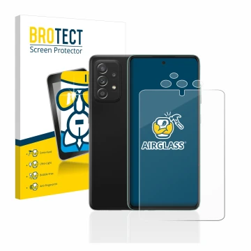 Face avant d’un emballage produit avec le logo de la marque BROTECT. À côté, l’appareil Samsung Galaxy A52s 5G (Avant+Caméra) 