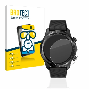 Face avant d’un emballage produit avec le logo de la marque BROTECT. À côté, l’appareil Mobvoi Ticwatch Pro 3 Ultra GPS est re