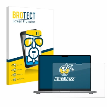 Face avant d’un emballage produit avec le logo de la marque BROTECT. À côté, l’appareil Apple MacBook Pro 14