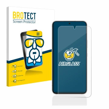Face avant d’un emballage produit avec le logo de la marque BROTECT. À côté, l’appareil Samsung Galaxy S22 5G est représenté a
