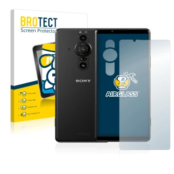 Face avant d’un emballage produit avec le logo de la marque BROTECT. À côté, l’appareil Sony Xperia Pro-I (Avant+Caméra) est r