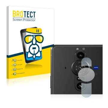 Face avant d’un emballage produit avec le logo de la marque BROTECT. À côté, l’appareil Sony Xperia Pro-I (Caméra UNIQUEMENT) 