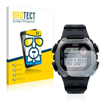Face avant d’un emballage produit avec le logo de la marque BROTECT. À côté, l’appareil Casio DW-291H est représenté avec la p