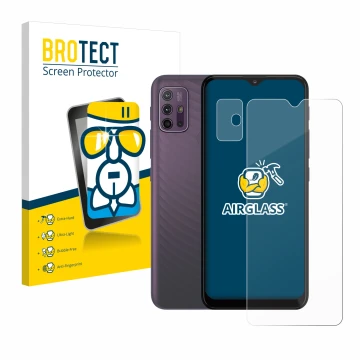 Face avant d’un emballage produit avec le logo de la marque BROTECT. À côté, l’appareil Motorola Moto G10 (Avant+Caméra) est r
