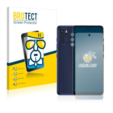 Face avant d’un emballage produit avec le logo de la marque BROTECT. À côté, l’appareil Motorola Moto G60S (Avant+Caméra) est 