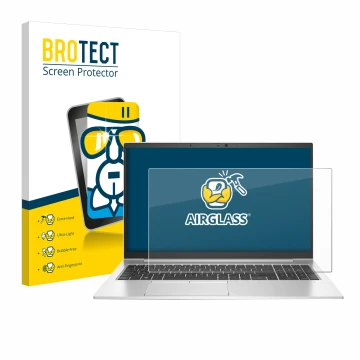 Face avant d’un emballage produit avec le logo de la marque BROTECT. À côté, l’appareil HP EliteBook 850 G7 est représenté ave