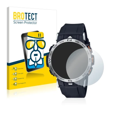 Face avant d’un emballage produit avec le logo de la marque BROTECT. À côté, l’appareil Casio Pro Trek PRW-30-1AER est représe