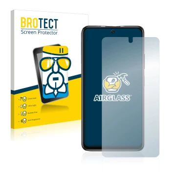 Face avant d’un emballage produit avec le logo de la marque BROTECT. À côté, l’appareil Xiaomi Poco M4 Pro 5G est représenté a