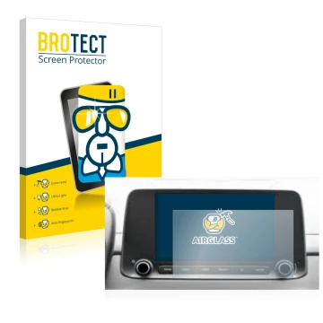 Face avant d’un emballage produit avec le logo de la marque BROTECT. À côté, l’appareil Hyundai Kona 2021 Infotainment System 