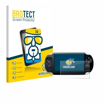 Face avant d’un emballage produit avec le logo de la marque BROTECT. À côté, l’appareil Sony Playstation PS Vita est représent