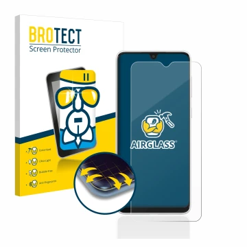Face avant d’un emballage produit avec le logo de la marque BROTECT. À côté, l’appareil Samsung Galaxy A03 est représenté avec